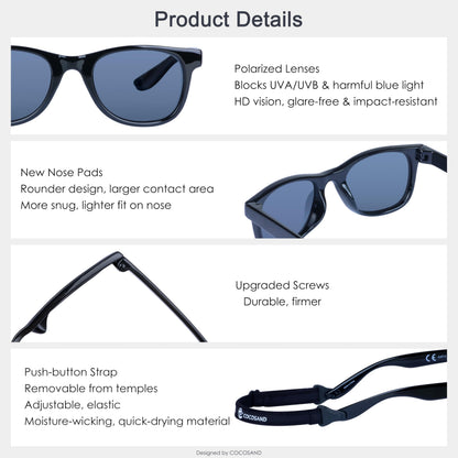 COCOSAND Toddler Baby Sunglasses with Strap Polarized Flexible Square Frame UV400 Protection for Kids Girl Boy Age 2-6, Black
