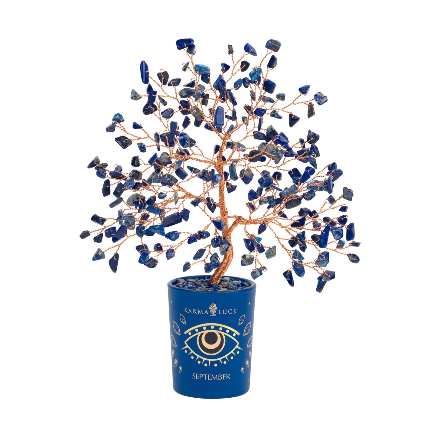 KARMA AND LUCK Intuitive Charm Lapis September Birthday Tree – Feng Shui Crystal Tree for Wisdom & Insight – Spiritual Gift for Birthday & Healing