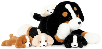MorisMos Dog Teddy Stuffed Animal, 60cm Cuddly Mommy Dog with 4 Babies Puppy Inside Kawaii Giant Dog Plush Soft Toy Gift for Kids Birthday Valentines Deco