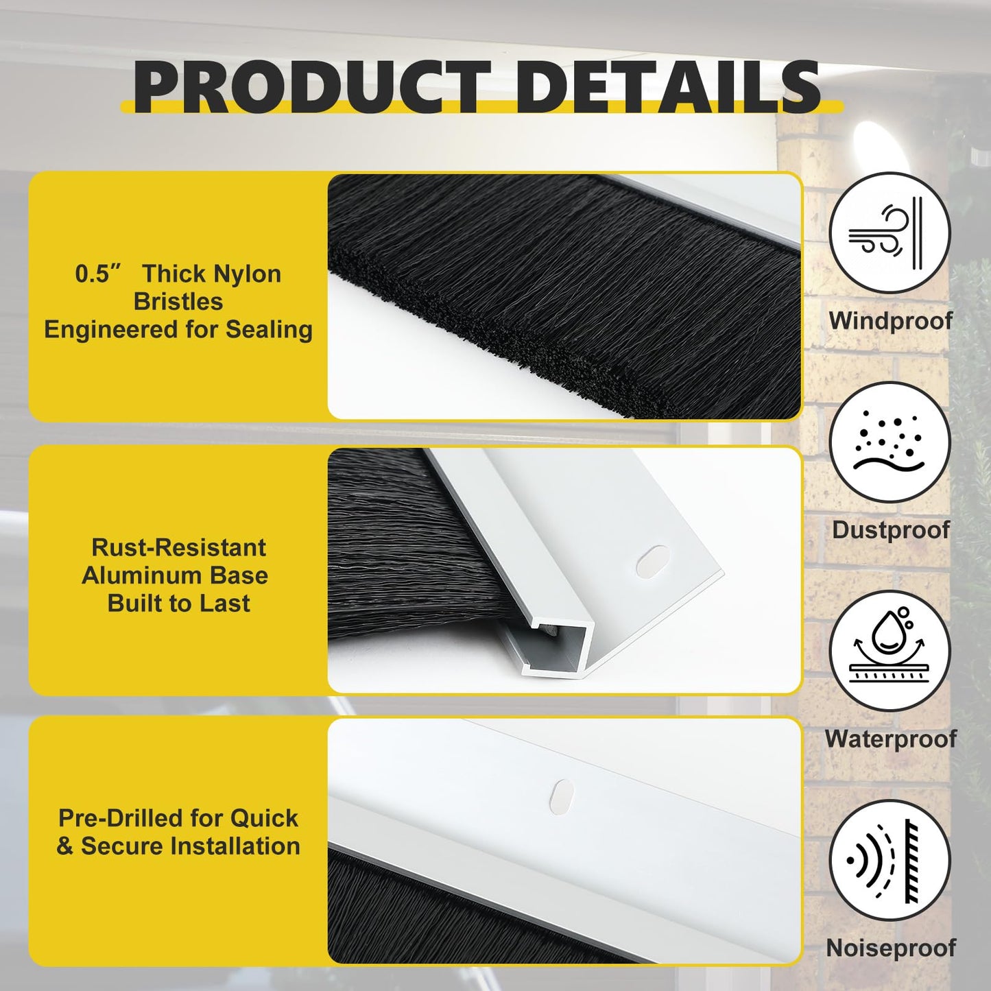 DoubleFill 3" Roll up Garage Brush Seal for Top, 8ft Long Heavy Duty Garage Door Seal Nylon Brush with Aluminum Track No-Drill 45deg Holder for Commercial, Corrugated, Sliding Barn, Hangar Doors