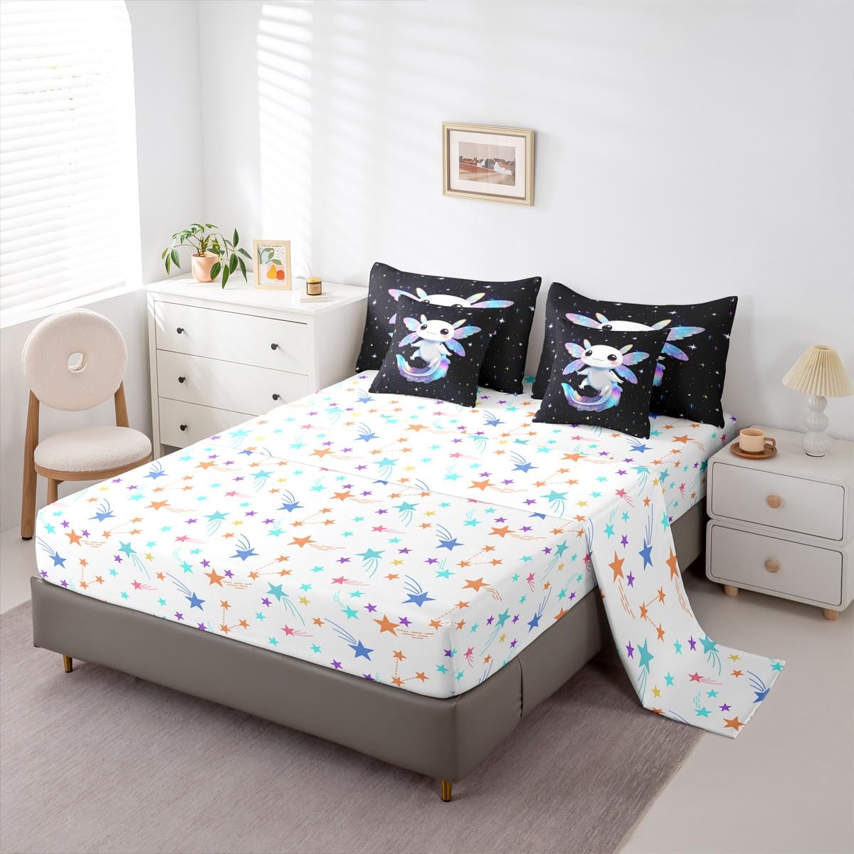 Colorful Axolotl Queen Comforter Set Kids Cute Rainbow Axolotl Bed in a Bag with Flat and Fitted Sheet Sparkle Starry Sky Stars Galaxy 7-Piece Bedding Set Lovely Salamander Quilt Duvet Sets