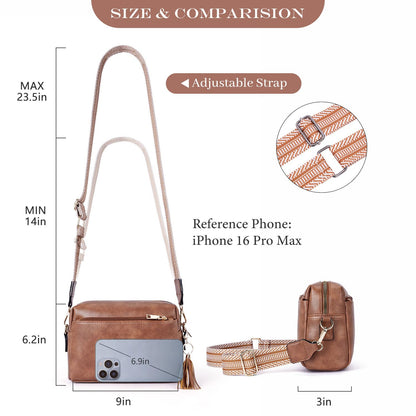 Roulens Triple Zip Small Crossbody Bag for women,Wide Strap Cell Phone Purse Shoulder Handbag Wallet with Credit Card Slots