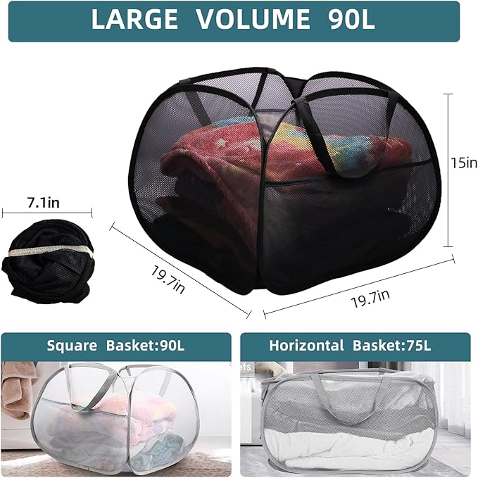 2 Pack Collapsible Laundry Baskets, 90L Large Foldable Laundry Basket, Durable