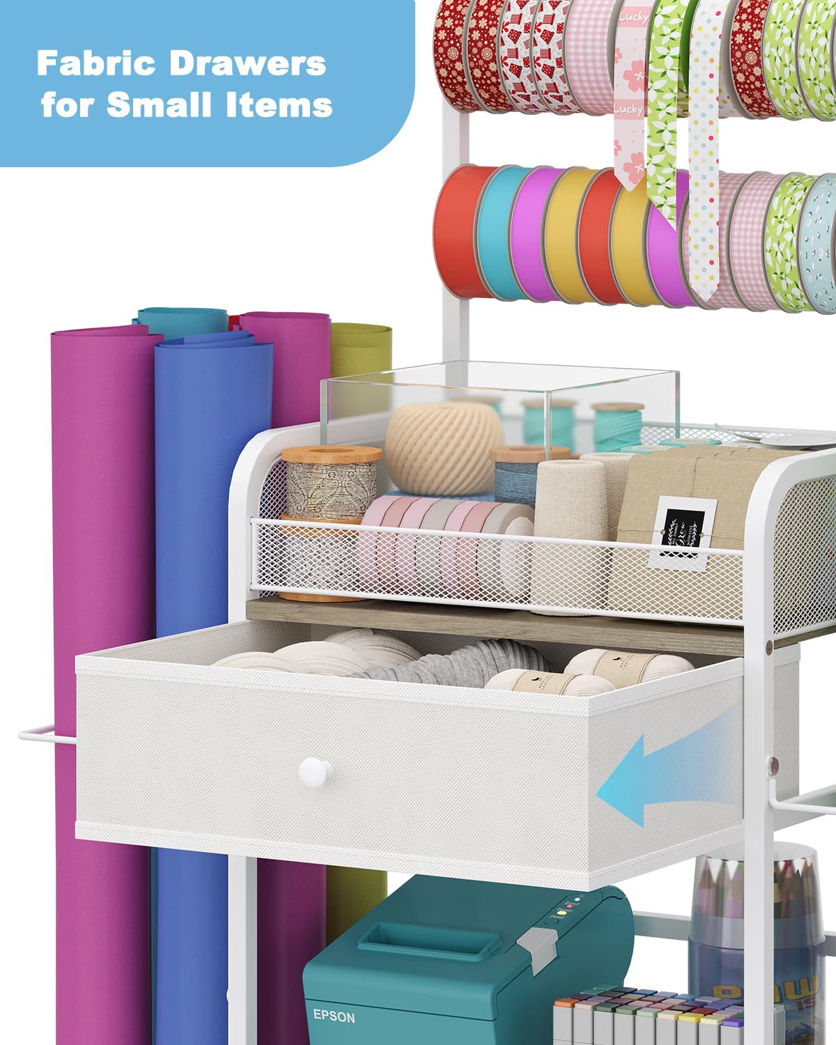 Rsaayekkt Wrapping Paper Storage Cart with Wheels, Rolling Gift Wrap Station with Fabric Drawer and Ribbon Holder, Metal Rolling Craft Cart, Craft Organizers and Storage Christmas