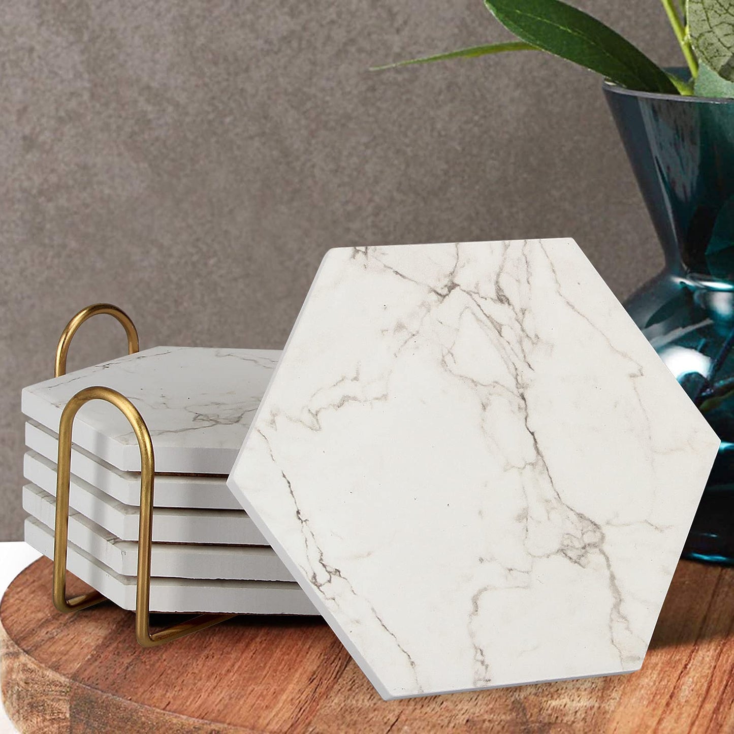 6 Pack Cute Marble Absorbent Stone Coaster Set with Holder Cool Cork Coster Modern White Ceramic Coasters Bar Desk Cup Drink Coasters Funny Coffee Table Decor Kitchen Unique Coster posavasos