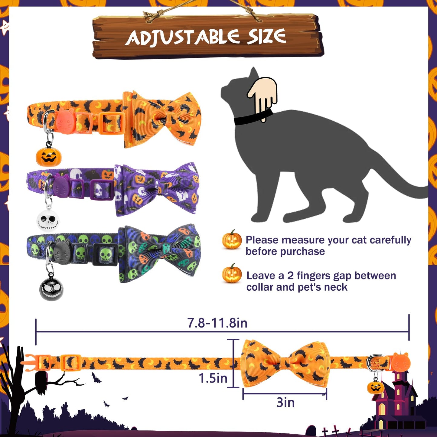PUPTECK Halloween Bow Tie Cat Collar with Bell - Breakaway Safety 3-Pack, Adjustable Bowtie Kitten Collars for Boy & Girl Cats, Puppies, Bunnies and Small Pets, Cute Costume Accessory