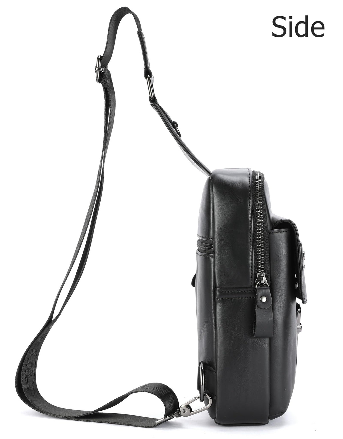 BULLCAPTAIN Men's Leather Samll Crossbody Backpack Sling Chest Bag for Hiking Travel (Black)