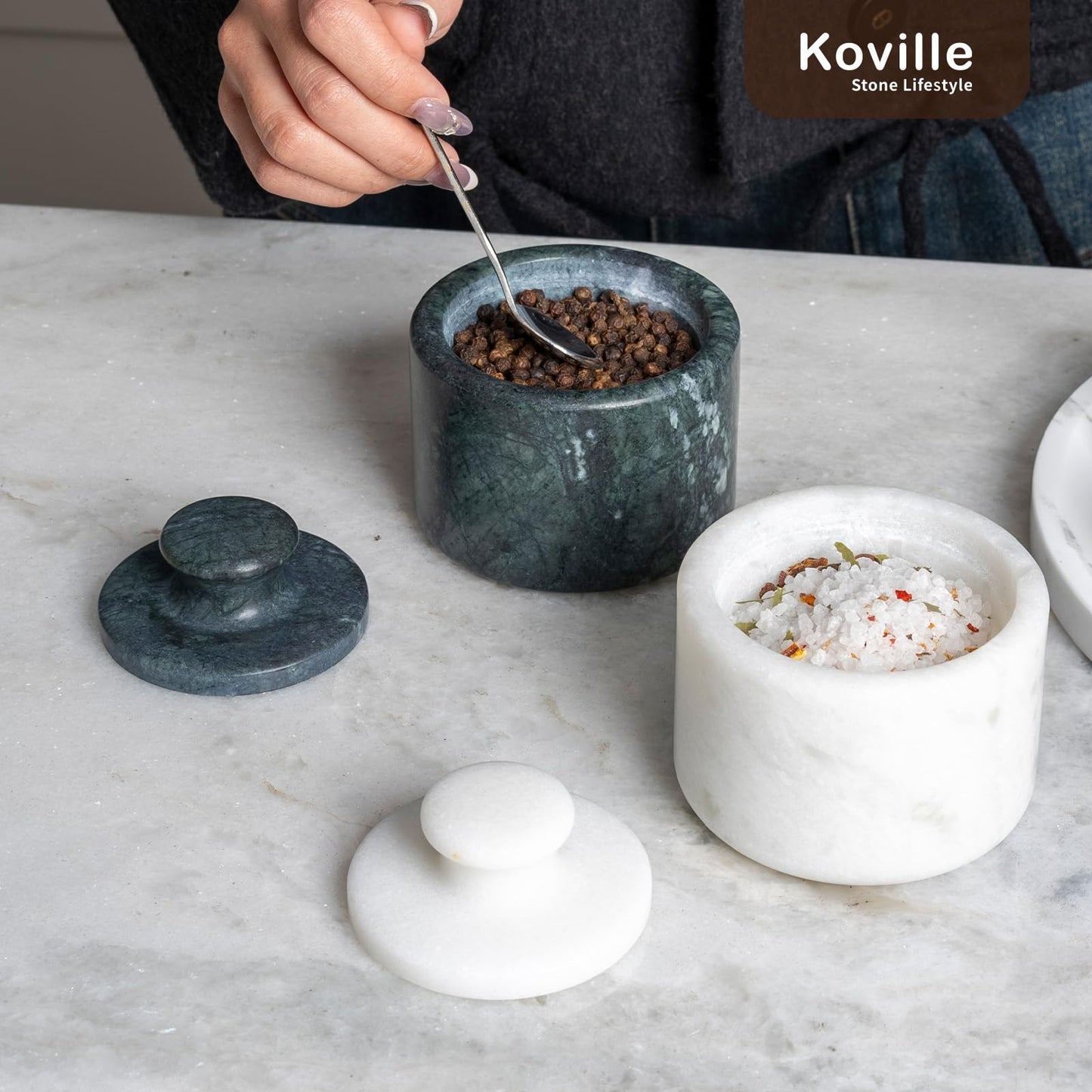 Koville Marble Salt Cellar White and Green Salt Holder with Lid for Kitchen Table Décor, Elegant Modern Handcrafted Seasoning Container for Countertop, Salt and Pepper Holder & Coffee Beans Storage