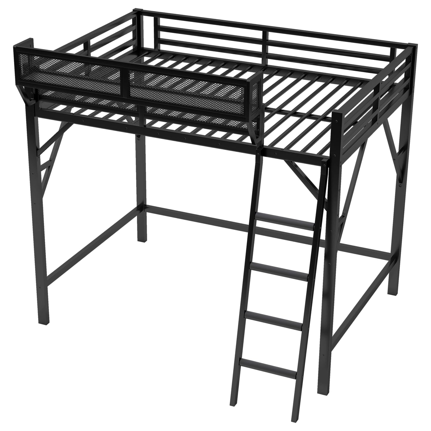 KEIKI Full Size Metal Loft Bed Frame with Ladder and Built-in Storage Shelves, for Teens, Modern Style Loft Bed with Solid Slats, Guardrail, No Box Spring Required, Easy Assembly, for Bedroom, Black