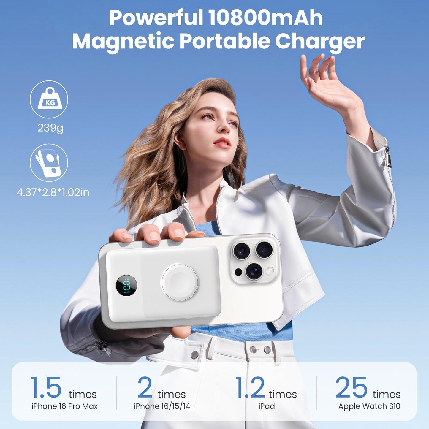 Magnetic Portable Charger 10800mAh for iPhone with Built-in Cables, 6-in-1 Wireless Power Bank with iWatch Charger, LCD Display 25W PD Fast Charging Battery Pack for iPhone 16/15/14/13/12, Apple Watch
