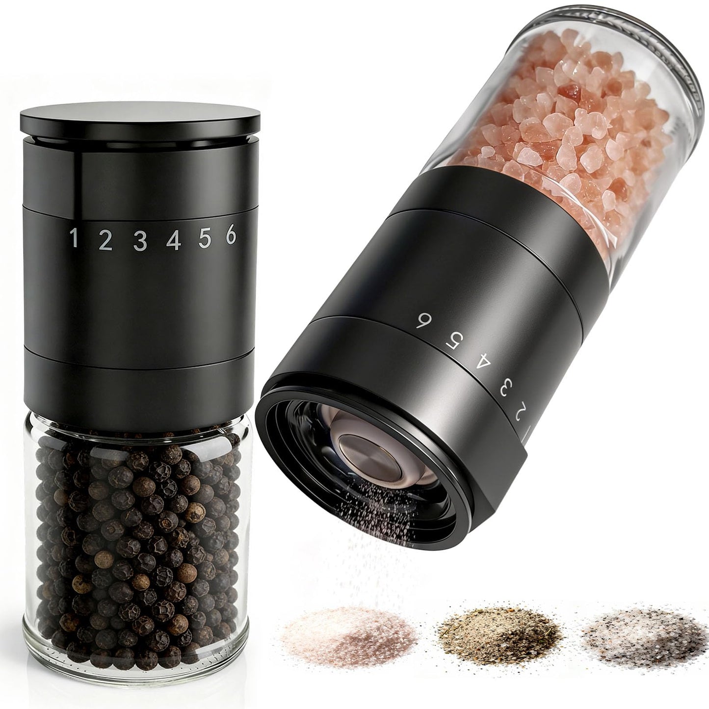 Manual Salt and Pepper Grinder Set, Black Pepper Grinder with Base Cover, 100ml Short Glass Shakers for Peppercorn with 6 Adjustable Coarseness Birthday Gifts for Women Mom