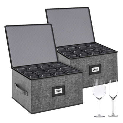 Aokeyee 2-Pack Wine Glass Storage Box with Dividers, Hard Shell Stemware Case Holds 24 Crystal Glasses & Drinkware, for Moving & Protection, Grey