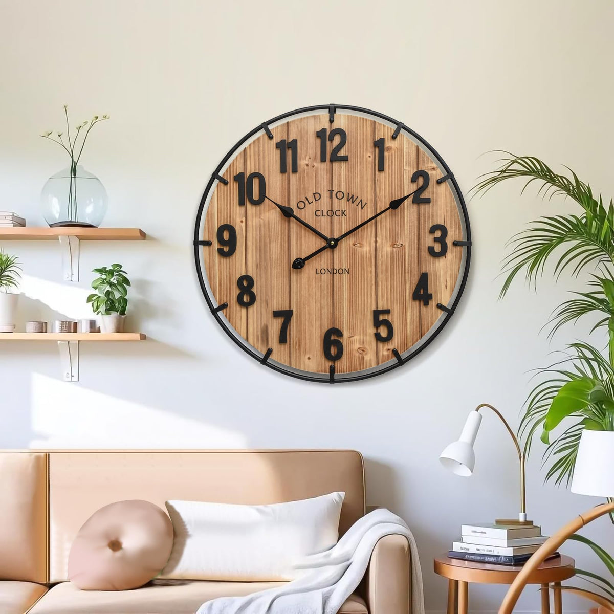 MICWIC 24 Inch Farmhouse Wall Clock Large Old Town Vintage Rustic Wooden Clock with Metal Rim and Large Numerals, Silent Battery-Operated for Office, Kitchen, Bedroom, and Living Room
