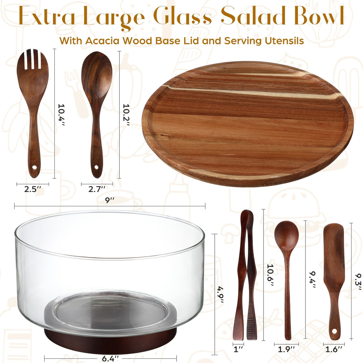 FoldTier Large Glass Salad Bowl Set, Party Salad Bowl with Acacia Wood Base and Lid as Cheese Charcuterie Board and Plate, Comes with 5 Pieces Elegant Wood Serving Utensils