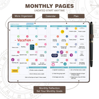 Undated 12 Month Planner Hardcover (5.5x8.5") - Weekly & Monthly Academic Life Organizer, Productivity Journal, Thick Paper, Sticker, Bookmark, Pen Loop(Brown)