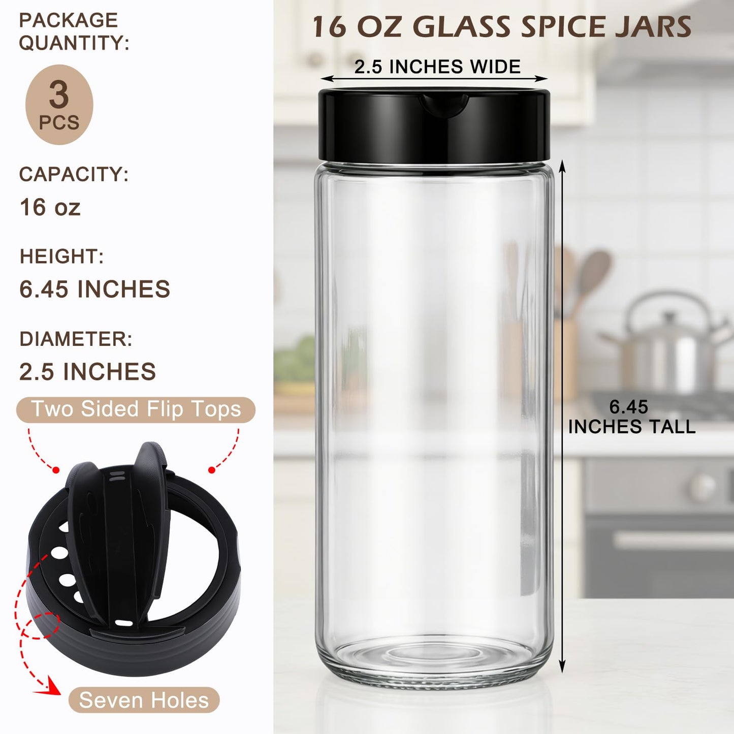 Acellegic 3 Pack 16 oz Glass Spice Jars with Shaker Tops Lids Large Spice Bottle with Lids for Kitchen, Herbs, Sugar, Pantry Herb Salt Pepper Storage (Round)