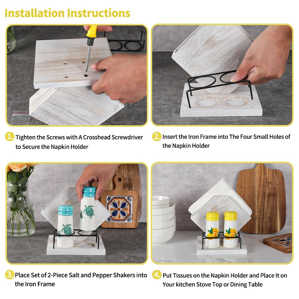 Rustic Farmhouse Napkin Holder Set - Natural Wood Kitchen Organizer with Sunflower 2 Salt & Pepper Shakers for Countryside Dining & Minimalist Home Decor (Gift Ready)