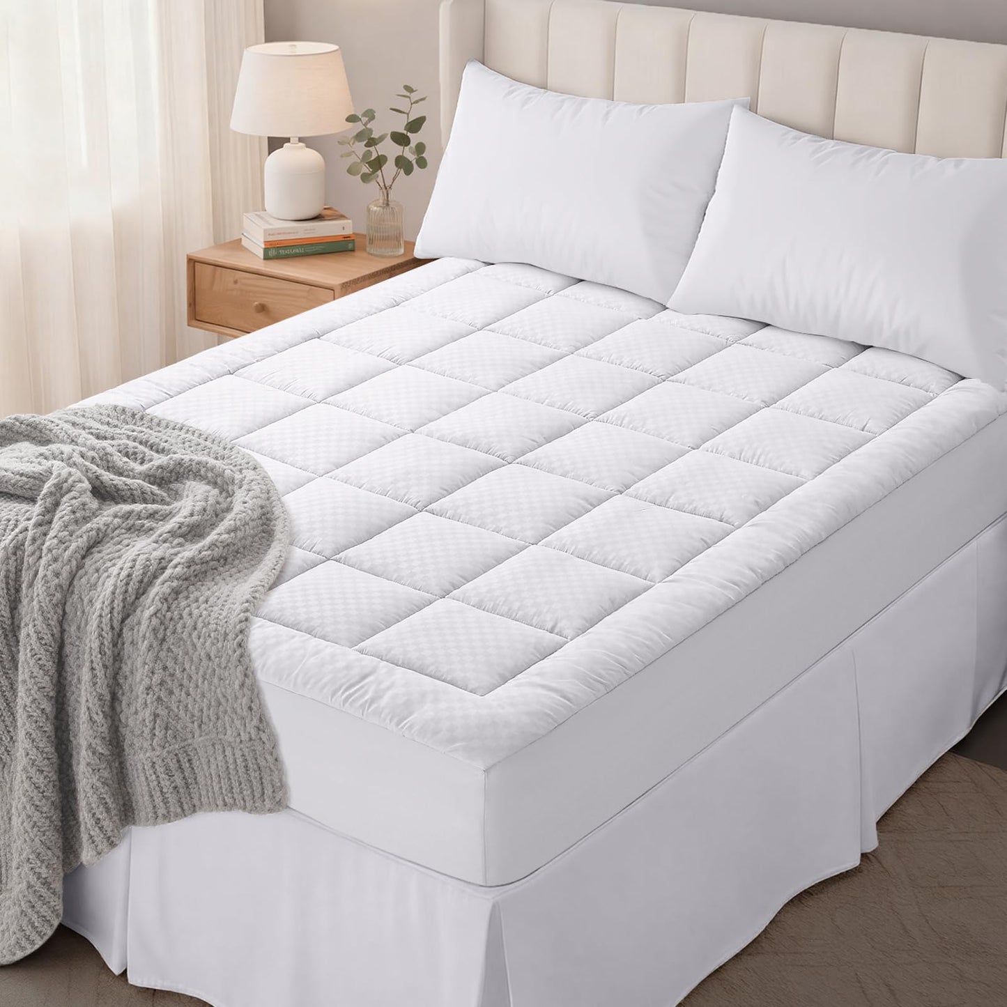 OLANLY California King Quilted Fitted Mattress Pad, Elastic Fitted Mattress Topper, Cooling Soft Mattress Cover Stretches up to 21 Inches Deep, Machine Washable Mattress Protector (72x84 inch, White)