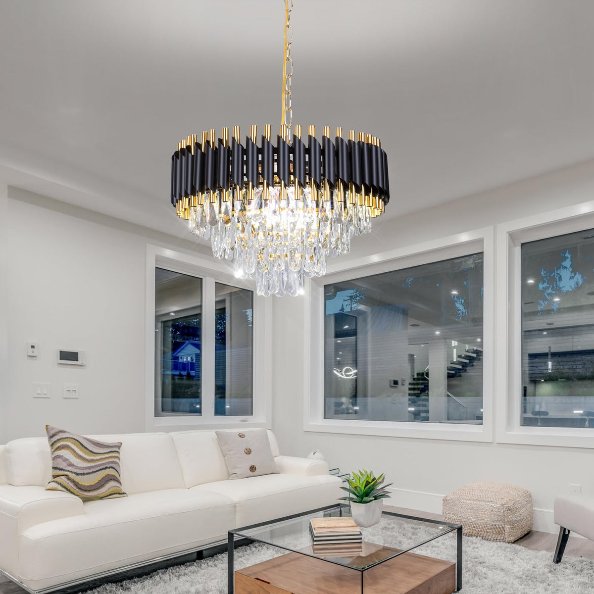 FRIXCHUR Modern Crystal Chandelier 20" Black Flush Mount Ceiling Light 4 Tiers Crystal Pendant Light LED Crystal Chandelier for Bedroom Dining Room