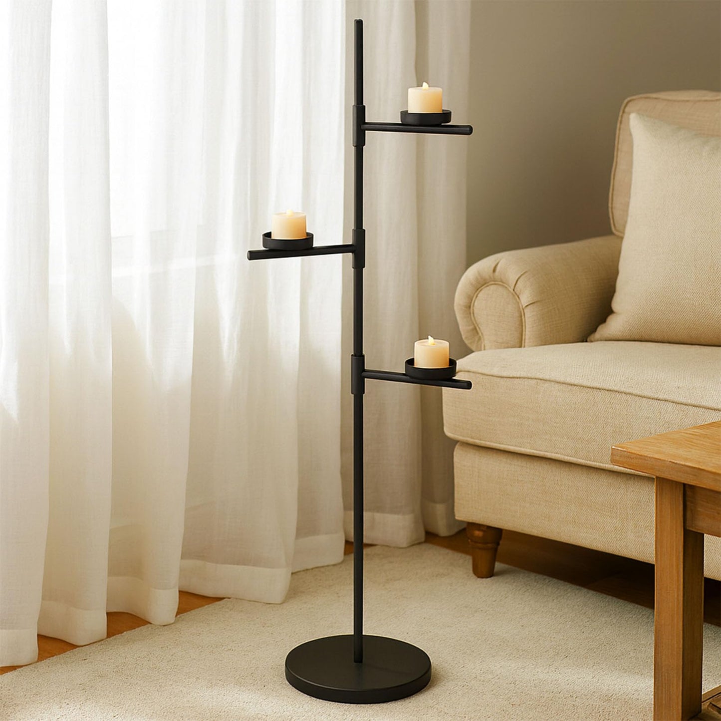 Smtyle Floor Candelabra Tall Tea Light Candle Holder Modern Black Metal Stand for Home Decor, Meditation, and Events