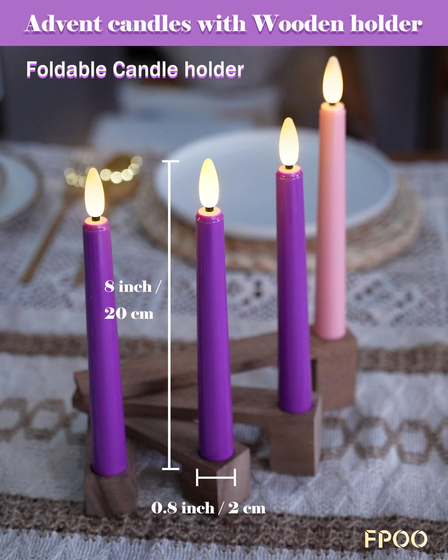 FPOO Flameless Advent Candles with Wooden Candle Holder, Advent Candles Battery Operated 3 Purple and 1 Pink LED candlesticks for Advent Decoration (4 Packs)