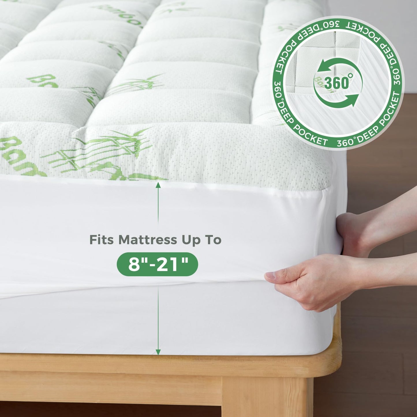 HYLEORY Mattress Topper - Thick Bamboo-Viscose Naturally Cooling Pillow Top Mattress Pad Breathable Fluffy Soft Mattress pad for Back Pain Relief, King Size, Green