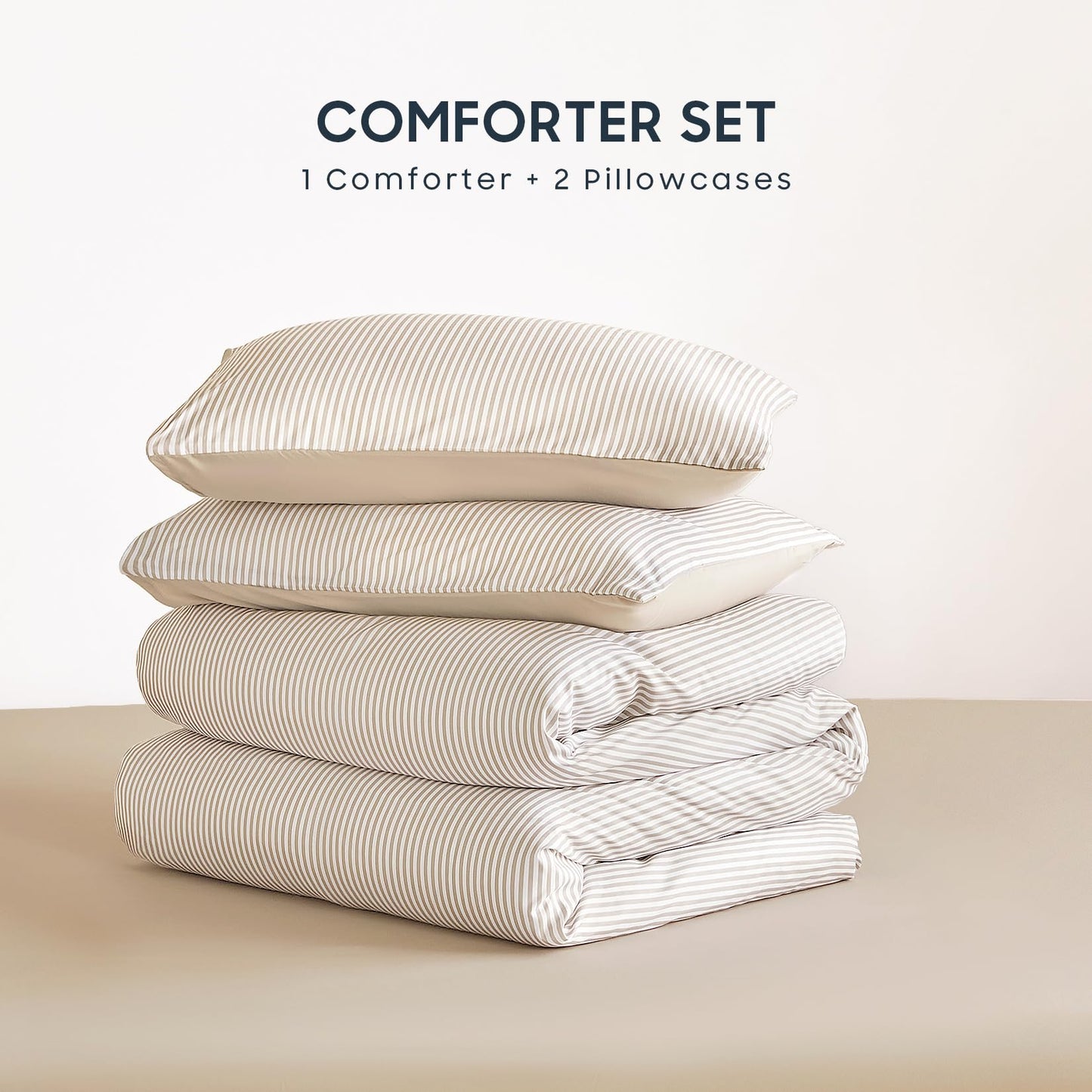 Wake In Cloud - Striped Comforter Set, Ticking Stripe Vertical Pinstripe Neutral Farmhouse Pattern Printed, Soft Lightweight Bedding, 3 Pieces, Light Brown White, Twin/Twin XL Size