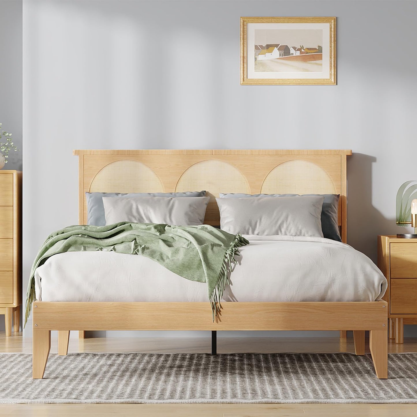GarveeHome Boho Full Bed Frame, Solid Wood Bed with Natural Rattan Headboard & LED Lights, Wooden Platform Bed No Box Spring Needed, Storage Underneath, Sturdy Noise-Free Bed Frame, Easy Assembly
