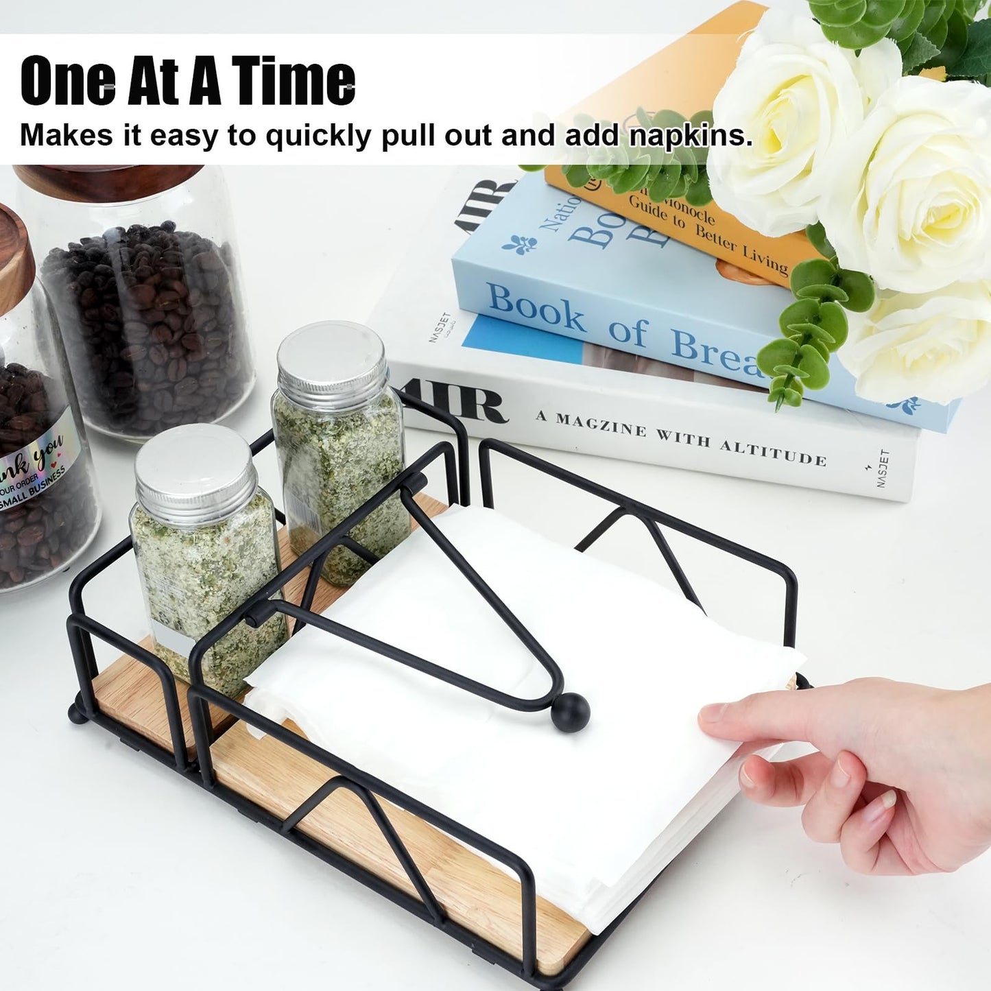 Mulaibdin Napkin Holder, Flat Table Napkin Holder for Salt and Pepper Shakers, Metal Napkin Holders with Weighted Arm & Wooden Base for Kitchen Countertop (Black)