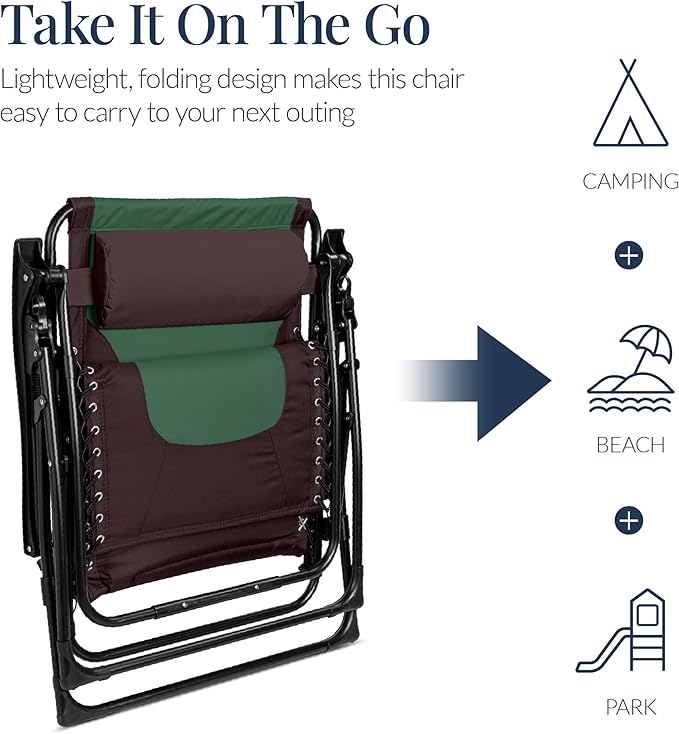 Best Choice Products Oversized Padded Zero Gravity Chair, Folding Outdoor Patio Recliner, XL Anti Gravity Lounger for Backyard w/Headrest, Cup Holder, Side Tray, Polyester Mesh - Espresso/Green