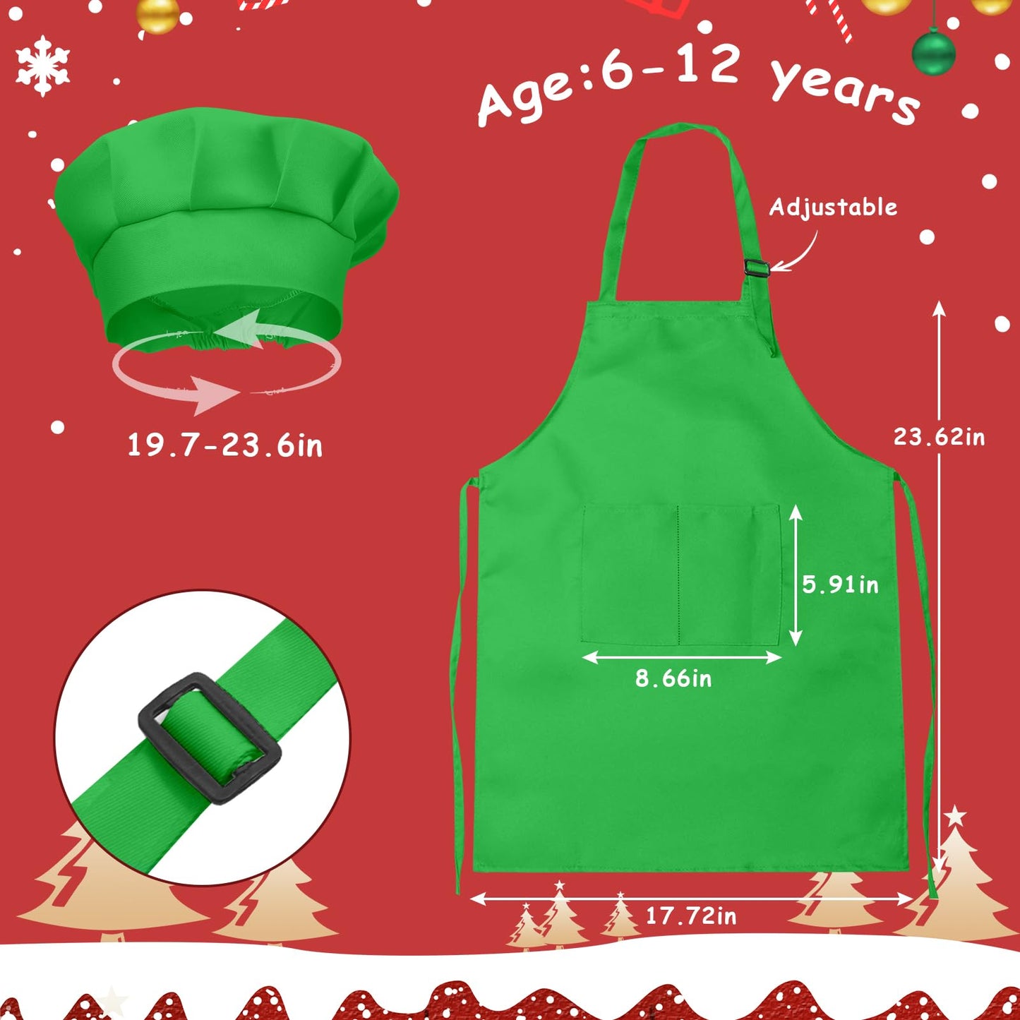 IAGBIBUI Kids Apron and Chef Hat Set, 16 Pieces Boys Girls Christmas Kids Apron with 2 Pockets Adjustable for Cooking Classroom Baking Painting, 6-13 Years(Red, Green)