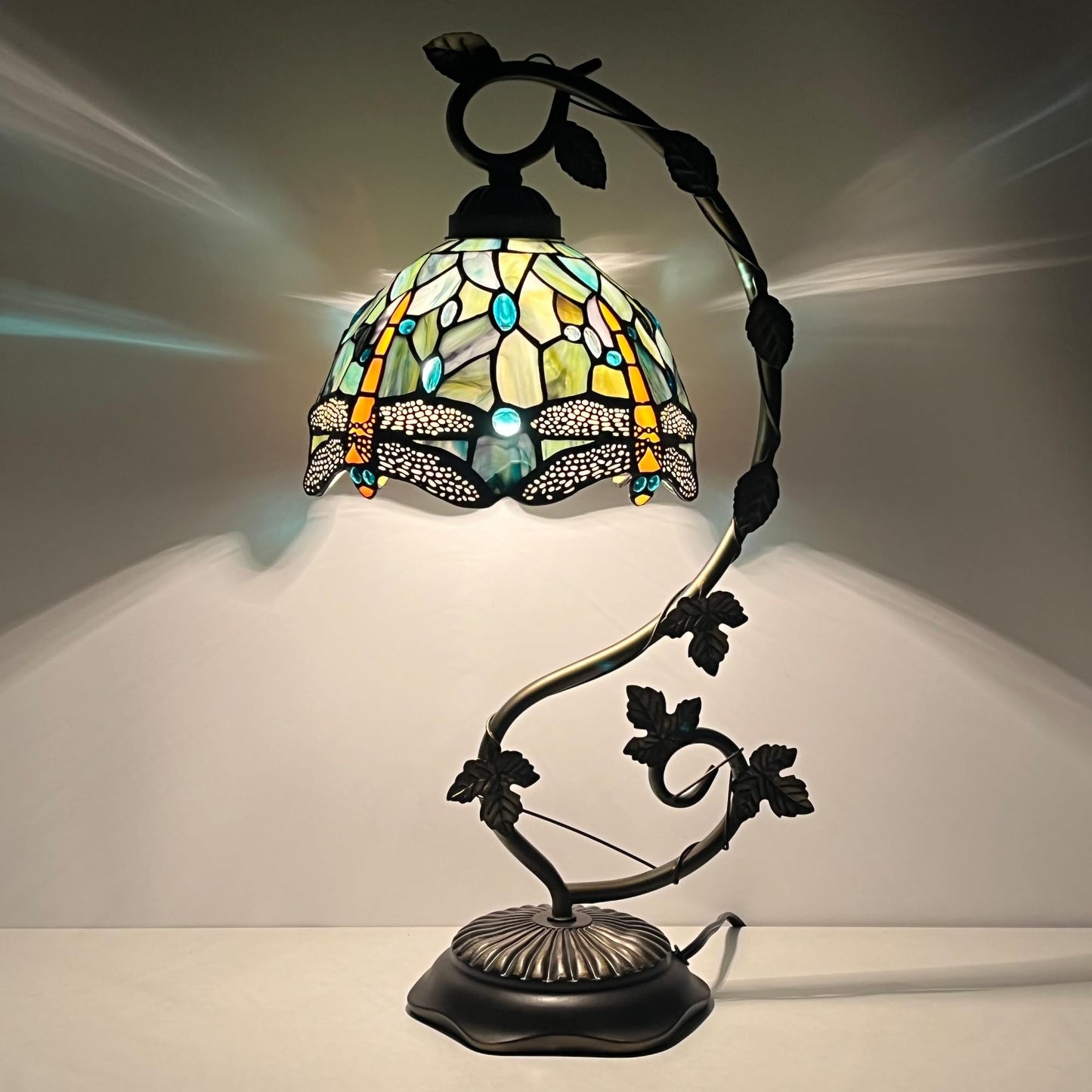 HWDFEI Tiffany Table Lamp, Stained Glass Desk Reading Light,Metal Leaf Table Lamp Base 8X10X21 Inches (Brown Dragonfly)