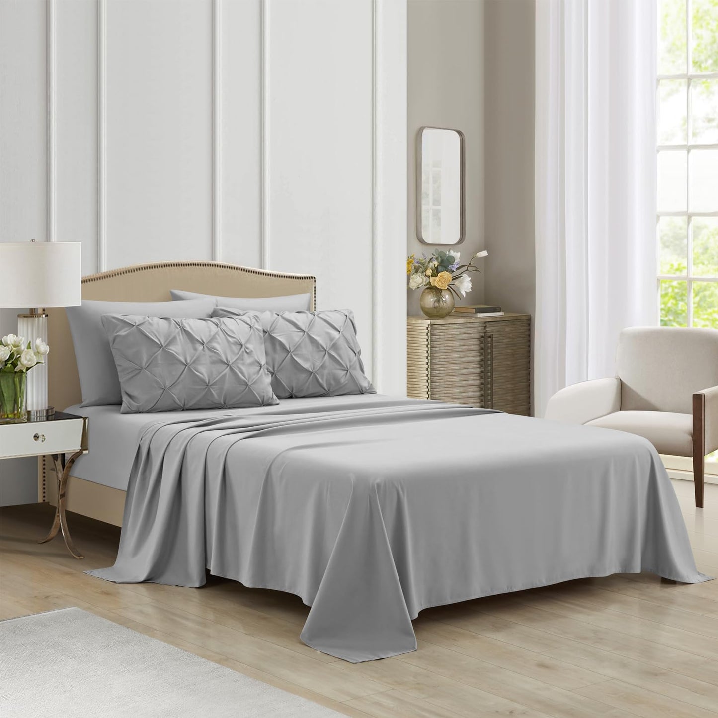 AiMay 6 PC Sheet Pillowcase Set Deep Pocket Double Brushed Microfiber Soft Durable Solid Color Wrinkle Free 1 Flat Sheet 1 Fitted Sheet 2 Pillowcases 2 Pinch Plated Pillowcases(Light Gray, Queen)