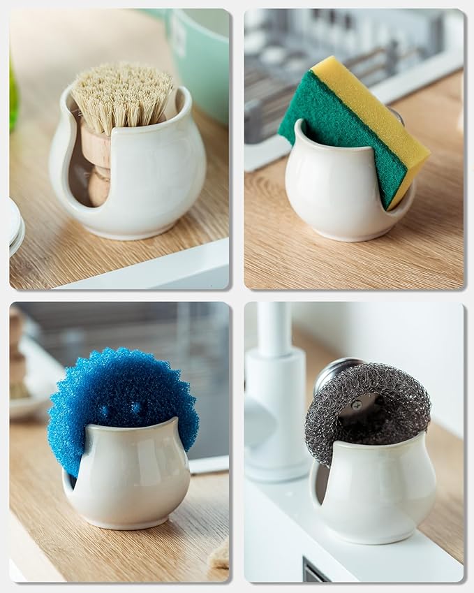 Sponge Holder for Kitchen Sink Counter, Ceramic Dish Sponge Caddy White Sink