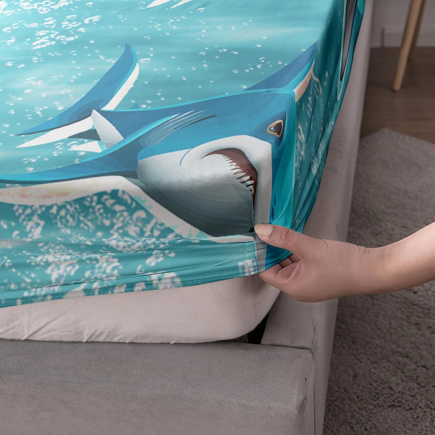 HOSIMA Teens Shark Print Fitted Sheet Set Twin Size,Shark Swimming in The Underwater World Pattern Bedding Sets,Ocean Animal Theme Fitted Sheet for Kids Boys Room Decor,1 Fitted Sheet+2 Pillowcases.