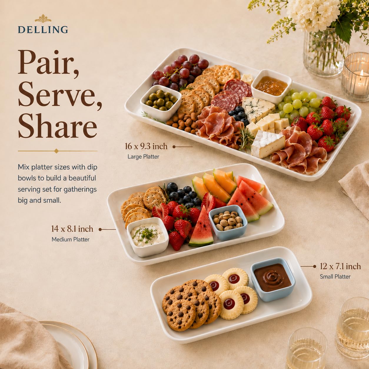 DELLING Large Serving Platter Set of 3, 16/14/12 Inch Porcelain Serving Trays for Party - White Ceramic Rectangular Platters for Entertaining, Appetizer Fruit Tray for Father's Day Shower Dinner