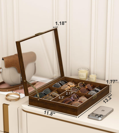 NEWLOOP Sunglass Organizer for Women Men - Multiple Pair of Sunglasses Storage Box Eye Glass Watch Display Case with 10 Slots Wooden