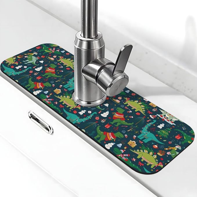 Christmas Dinosaur Tree Xmas Green Kitchen Sink Splash Guard Faucet Mat 1 Pcs