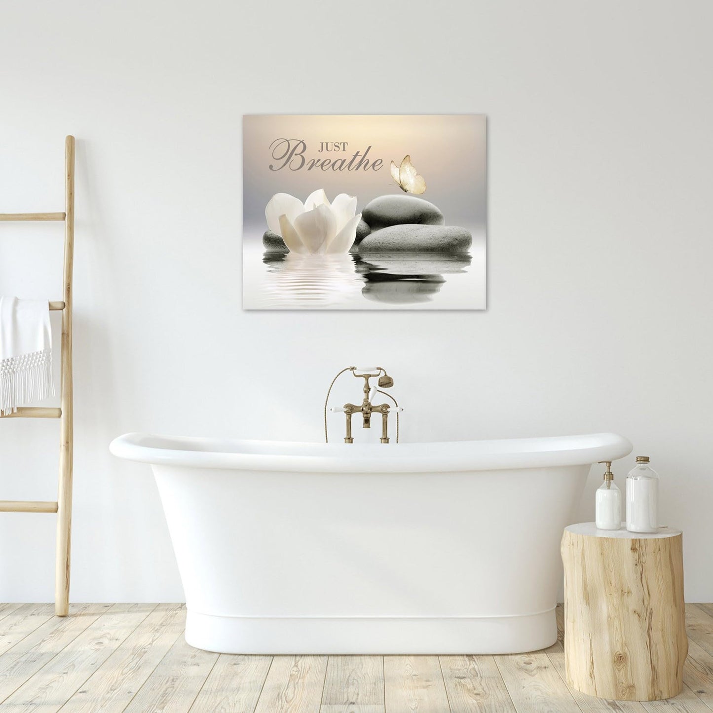 EOBTAIN Zen Flower Canvas Wall Art Bathroom Butterfly and Water Lily Stone Relaxing Spiritual Yoga Framed Wall Art Just Breathe Pictures Canvas Wall Decor for Living Room Bedroom,12x16 Inches