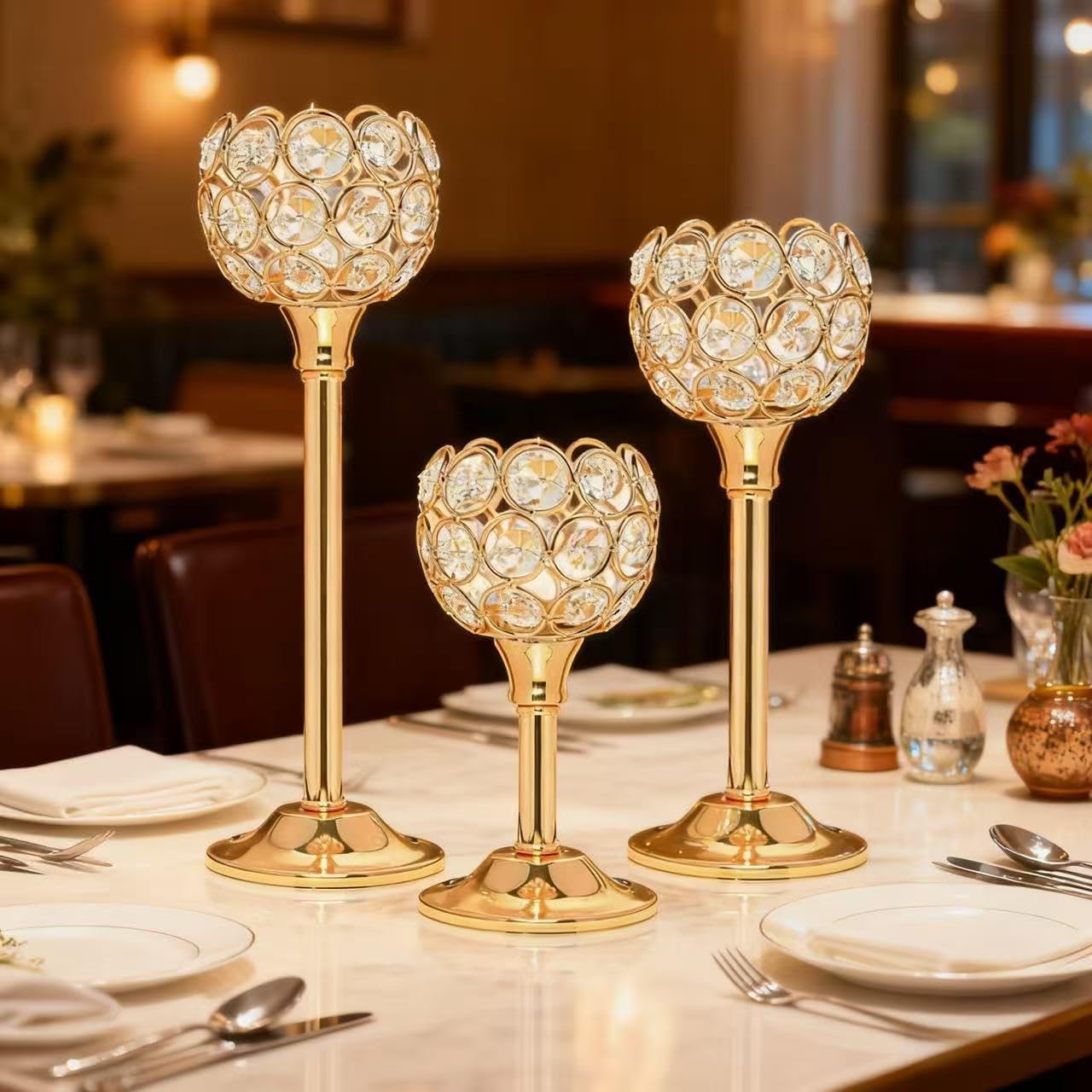 Candle Holder Candlestick Holders- 1Set Gold Crystal Pillar Candle Holders,Metal Candlestick Stands for Wedding Centerpieces,Table Decor for Church,Valentine's Day Housewarming Gift,3Pcs