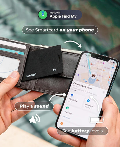 Rhinokey® Apple MFi Certified Wallet Tracker Card Works with Apple Find My (iOS Only) Slim 0.07in Rechargeable IP68 Waterproof Tracker Item Finder Credit Card Tracker with Keychain Hole for Luggage