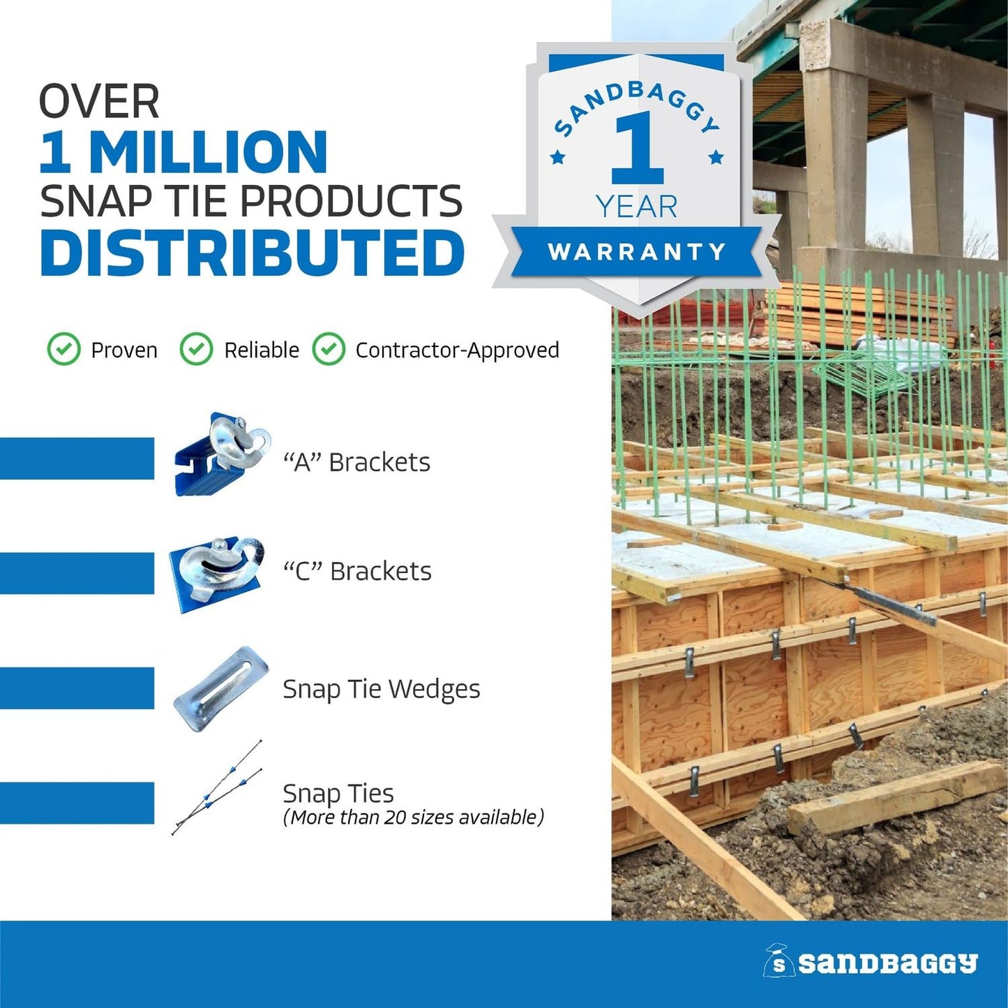 8" Standard Snap Ties for Concrete Forms - 1" Plastic Cones, Integral Heads - 2:1 Safety Factor, 2,250 lbs Working Load - 4 Gauge Steel (Long End - 8.25", 100) - 1 Year Warranty