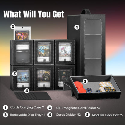 FJZLIFE MTG Commander Deck Box,6-Deck Modular Card Case with Dice Tray,Holds 600+ Double-Sleeved Cards,35PT Magnetic Card Holders,Removable Trading Card Storage Box for TCG&EDH,Black-Grey