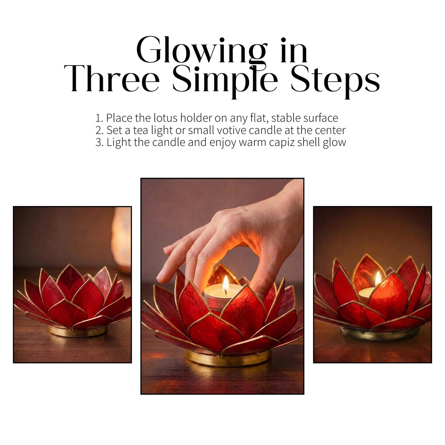 OM Gallery Gemstone Lotus Tealight Holder - Handcrafted Capiz Shell Design for Soft Glow, Elegant Home & Table Decor, Wedding Centerpieces, Votive Candle Styling, and Thoughtful Gifting - Ruby