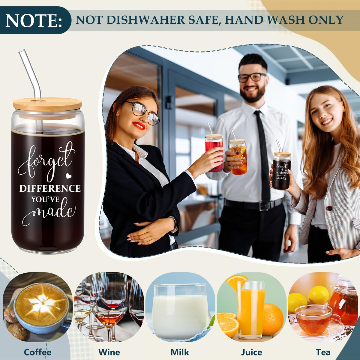 Yeyeplum 60 Pcs Employee Appreciation Gifts Bulk Inspirational Glass Cup Makeup Bag Bamboo Pen Motivational Notebook and Bag for Volunteer Lab Week Teachers Nurses Office Staff (Never Forget)