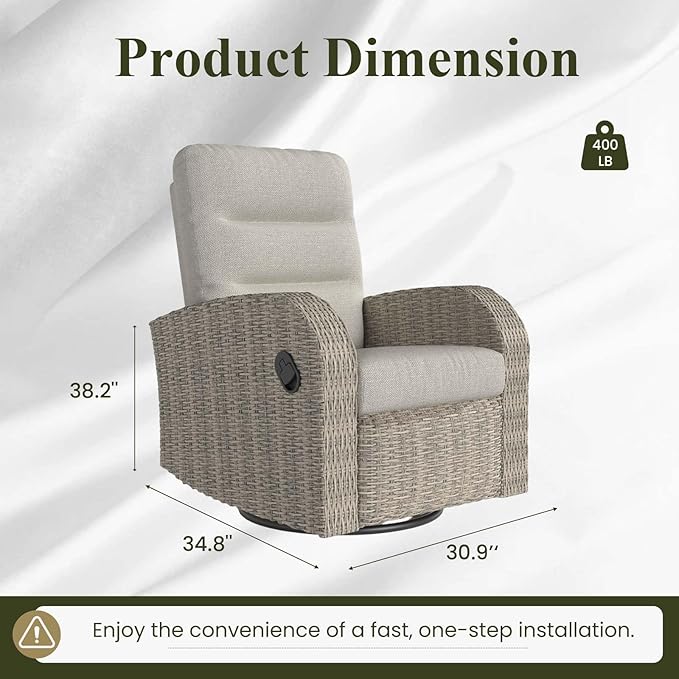 LayinSun Oversized Wicker Outdoor Swivel Glider Recliner with Adjustable Backrest & Footrest, Patio Reclining Lounge Chair