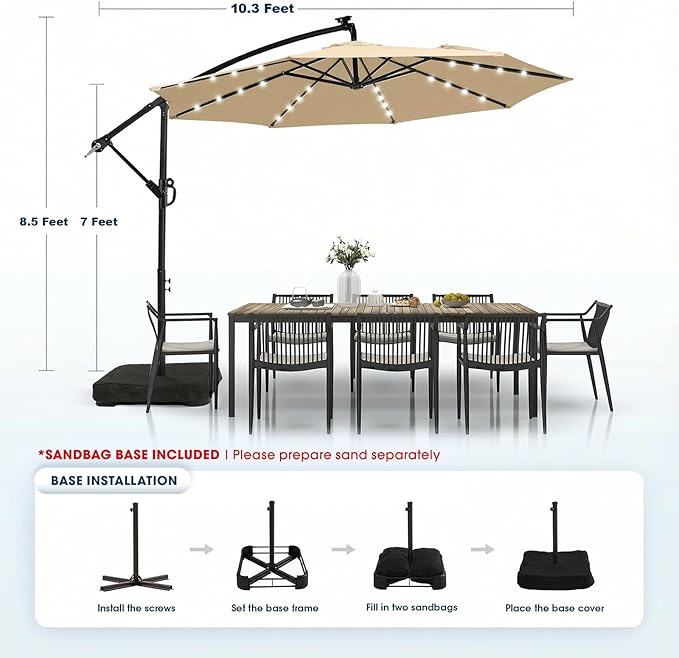 wikiwiki 10ft Solar LED Patio Umbrella with Base Included, Offset Umbrella with Weighted Sandbag Base, Cantilever Patio Umbrellas for Backyard, Garden & Deck, 32 LED Lights & Polyester Shade, Tan