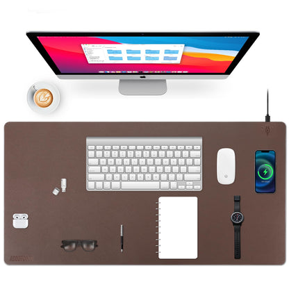 Wireless Charging Desk Mat with Desk Pad for Desktop Charging Large Mouse Pad Waterproof Leather Computer Mat Mouse Pad Non-Slip Protector on Top of Desks for Keyboard and Mouse (brown-r, 32*16inch)