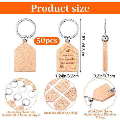 Ckhoid 50PCS New Home Keychain Bulk Welcome Home Keychain Gifts Wooden House Shaped Key Tag Move in Gifts Apartments House Key Chain for Family Client Buyer Customer