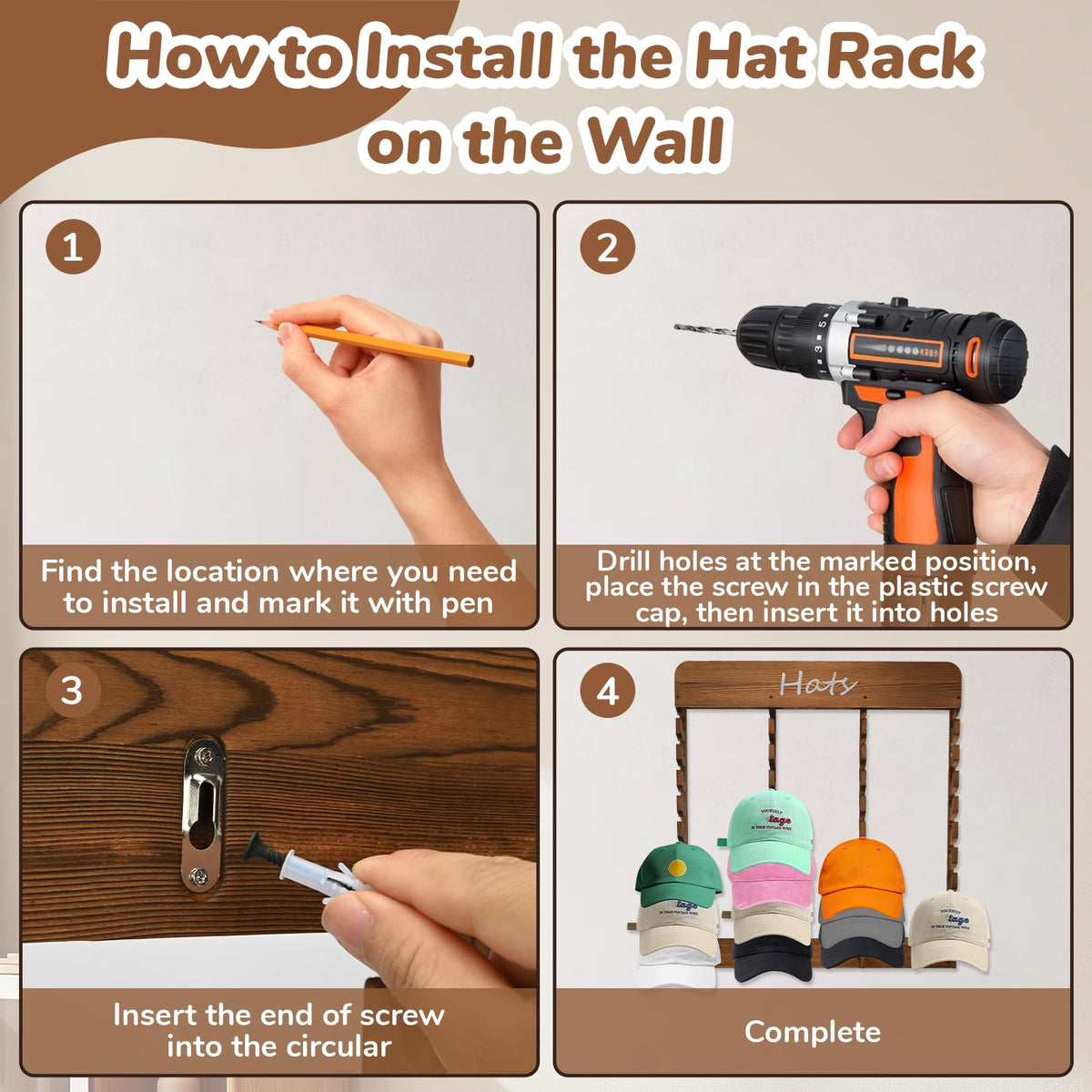 WYJREES Wooden Hat Racks for Baseball Caps, 40-Slot Wall Mount Baseball Cap Rack, Hat Organizer for Display and Storage, Vertical Cap Hanger for Bedroom, Entryway or Closet